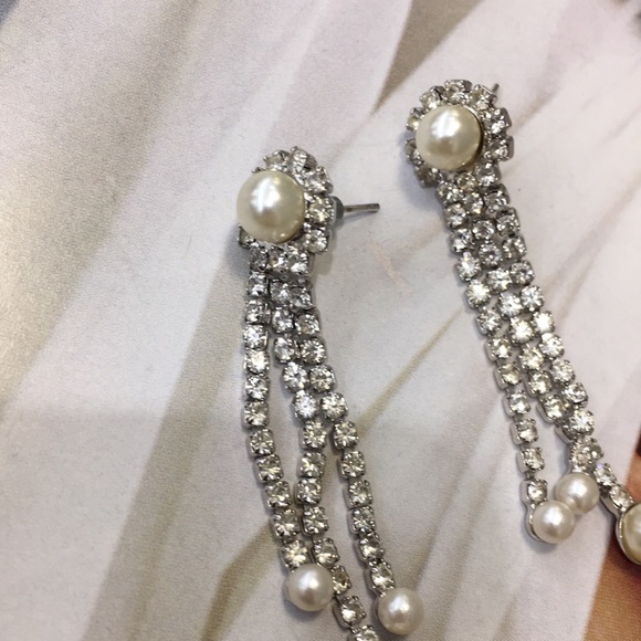 Vintage silver rhinstones pearl earrings bridal - Picture 3 of 5